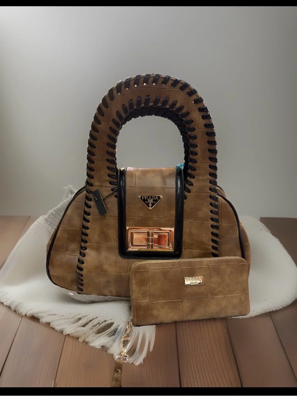 Tan Leather Top-Handle Bag‎ with Matching Wallet